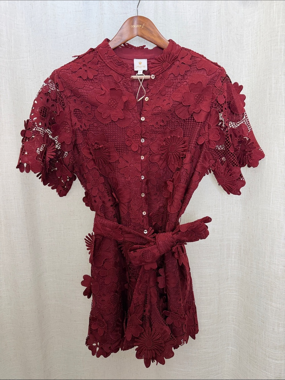 J. Marie Maroon Lace Floral Appliqué with Waist Tie Romper Size Large